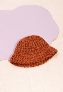 Vintage Bucket Hat 70s Knitted Crochet Hat in Brown