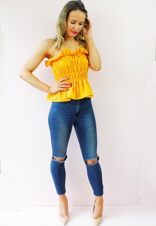 YELLOW STRAPLESS BANDEAU BOOBTUBE RUCHED TOP