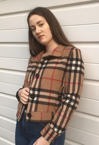 WOMENS BURBERRY JACKET CROPPED BEIGE NOVA CHECK WOOL COAT