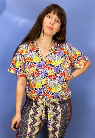 VINTAGE 80'S FLORAL PRINT CROPPED SHIRT - S/M