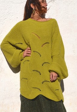 Green oversized wool blend oversized knitted pullover