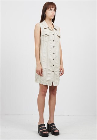 VINTAGE BEIGE SLEEVELESS DENIM MINI DRESS