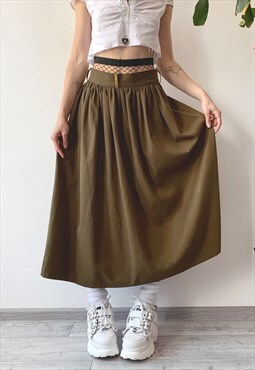 Vintage 00's Y2K Khaki High Waisted Flared Maxi Long Skirt