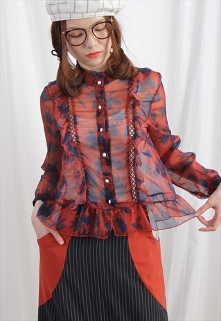 (KOREAN) LEAF PATTERN RUFFLE TRIM SEE THROUGH BLOUSE