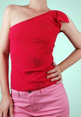 VINTAGE Y2K 2000S ASYMMETRIC TOP RED SPARKLE GLITTER STARS 