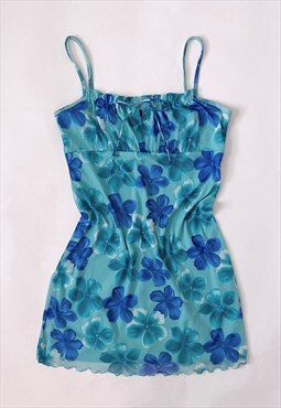 Y2K Teal Blue Floral Mesh Mini Dress