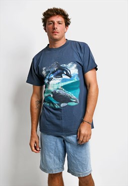 Vintage dolphins printed t-shirt blue for men 00s 90s 