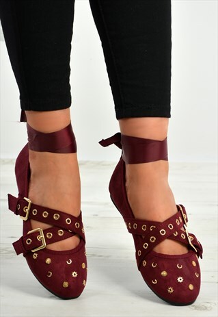 WINE RED ANKLE WRAP FLAT BALLERINA SHOES SIZES UK