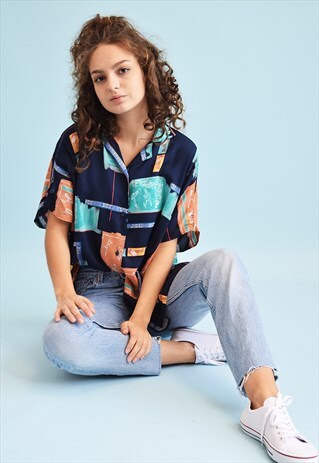 80'S RETRO ABSTRACT PRINT OVERSIZED BLOUSE TOP