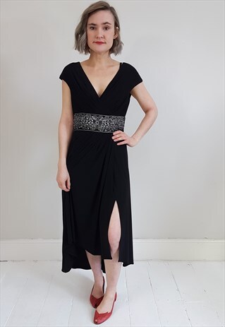 VINTAGE 80'S BLACK GRADUATED HEM DRESS W/ EMBELLISHMENTS