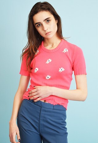 VINTAGE 70'S RETRO FLORAL EMBROIDERY KNITTED NEON TOP