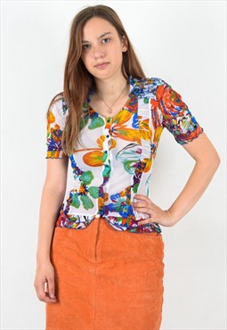 Women's S Funky Floral Pattern Blouse Shirt Top Sheer Light
