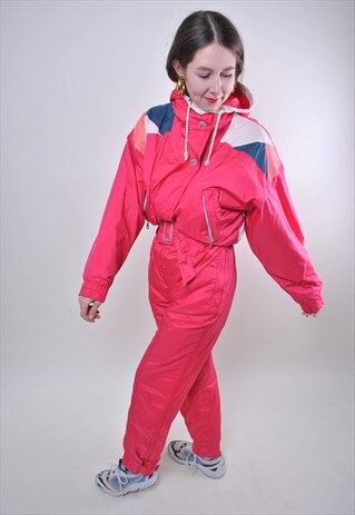 90S VINTAGE RED HOODED SKI SUIT, WOMEN PATTERN SNOWSUIT