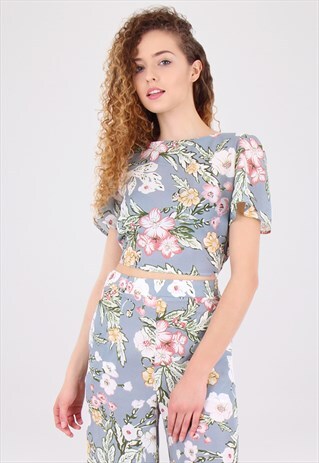 BLUE FLORAL PRINT TIE BACK CROP TOP
