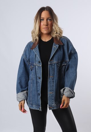 DENIM JACKET LEATHER COLLAR FITTED OVERSIZED UK 18-20 (BXO)