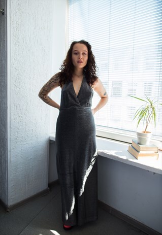 VINTAGE 60'S BLACK/SILVER MAXI OPEN BACK DRESS