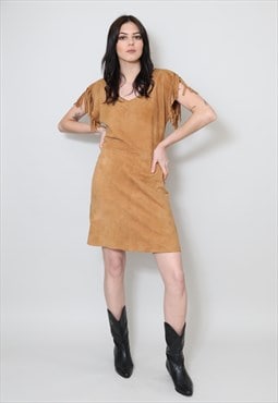 70's Vintage Ladies Dress Soft Brown Suede Tasselled Mini