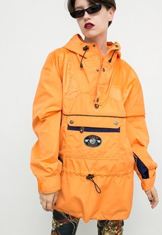 VINTAGE WINDBREAKER ORANGE RAIN SHELL UNISEX HOODED JACKET