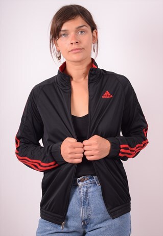 ADIDAS WOMENS VINTAGE TRACKSUIT TOP JACKET LARGE BLACK 90S