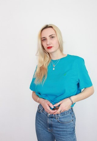 VINTAGE 90S POLO RALPH LAUREN AQUA BLUE LOGO T-SHIRT UNISEX