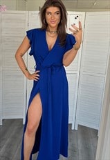 justyouroutfit Ruffle Tie Waist Slit Dress Royal Blue