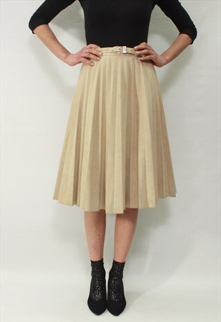 VINTAGE 60' AMAZING BEAUTIFUL SUEDE BEIGE PLEATED MIDI SKIRT