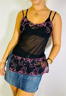 Vintage Size S Y2K Floral Embellished Top In Black