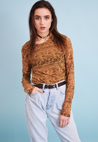 90'S RETRO PAISLEY PRINT KITSCH SHEER MESH TOP BLOUSE