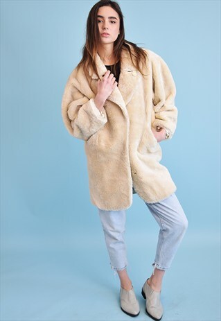 VINTAGE 80'S RETRO OVERSIZED FAUX FUR NEUTRAL COAT JACKET