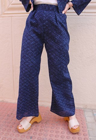 NEW HANDMADE NAVY BLUE PRINT WIDE LEG TROUSERS