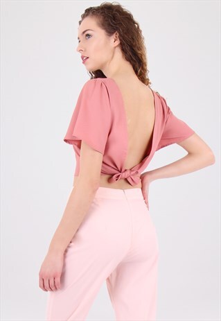 PINK TIE BACK SHORT SLEEVE CROP TOP