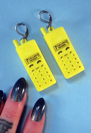 NEON YELLOW MOBILE CELL PHONE KITSCH FESTIVAL EARRINGS