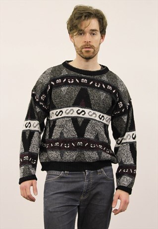 VINTAGE 1980S GREY AND PURPLE PATTERNED JUMPER
