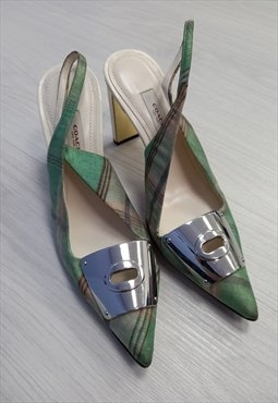 90's Vintage Heel Shoes Slingback Green Check