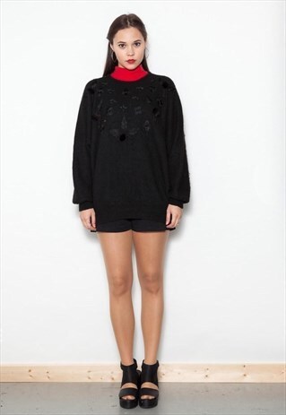 VINTAGE 1980'S BLACK EMBELLISHED SOFT WOOL TROPHY JUMPER