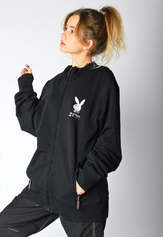 Y2K BLACK EMBROIDERED PLAYBOY ZIPPER SWEATSHIRT
