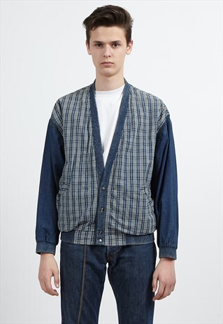 VINTAGE BLUE WHITE CHECKERED DENIM JACKET