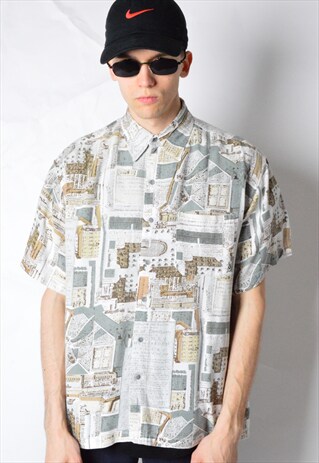 VINTAGE 80S BEIGE ABSTRACT SHORT SLEEVE SHIRT