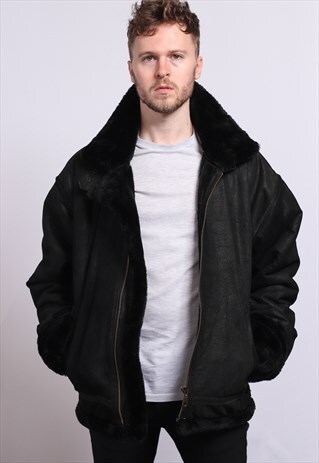 VINTAGE LEATHER AVIATOR FLEECE JACKET BLACK