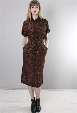 VINTAGE 80S BROWN PATTERNED FITTED MIDI DRESS