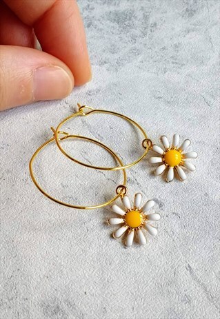 ENAMEL DAISY FLOWER HOOP EARRINGS