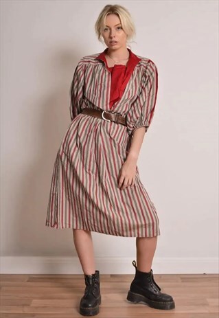 VINTAGE 70S STRIPED SATIN MIDI DRESS IN RED AND BEIGE