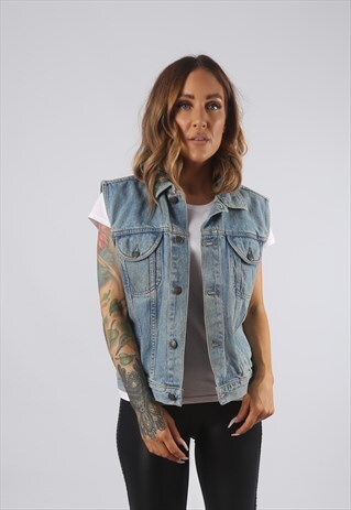 VINTAGE DENIM WAISTCOAT JACKET OVERSIZED FITTED UK 12 (C9AM)