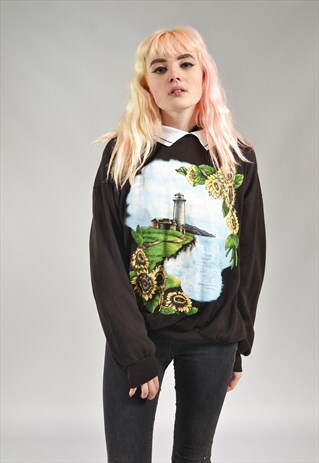 VINTAGE BLACK FLORAL LANDSCAPE SWEATER