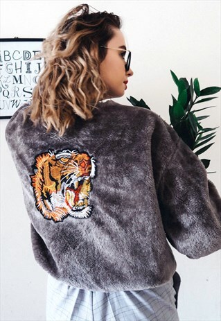 FAUX FUR SWEATSHIRT WITH TIGER EMBROIDERY