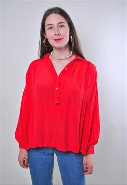 Vintage 90s minimalist red blouse, puff sleeve top MEDIUM 