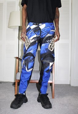 Vintage 90s Blue Abstract Padded Festival Racing Trousers