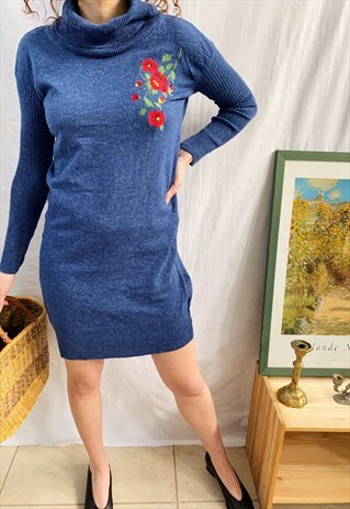 VINTAGE 70S PANSY EMBROIDERED HAUTE BOHEME MOD KNIT DRESS