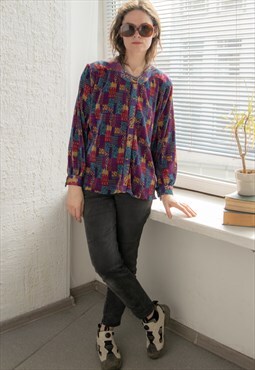 Vintage 80's Multicolour Patterned Ribbed Blouse