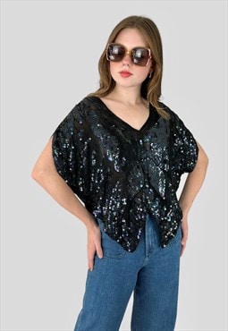 70's Vintage Iconic Black Iridescent Sequin Butterfly Top
